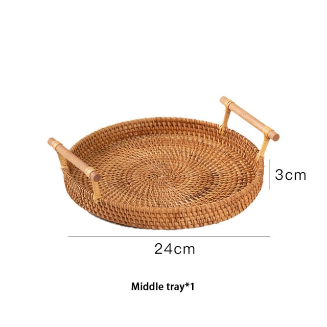 Handwoven Rattan Storage Tray With Wooden Handle Bread Tray Fruit or Cake Platter Dinner Serving Tray