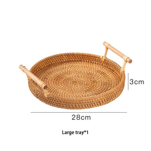 Handwoven Rattan Storage Tray With Wooden Handle Bread Tray Fruit or Cake Platter Dinner Serving Tray