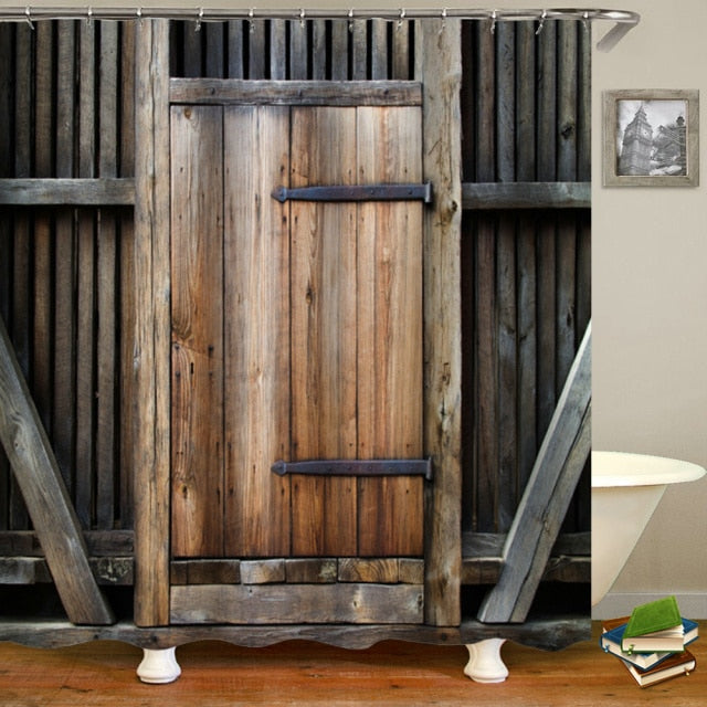 Retro Rustic Barn Wood Door Western Country Scenic Picture Print Mildew-Proof Shower Curtain & Hooks Set