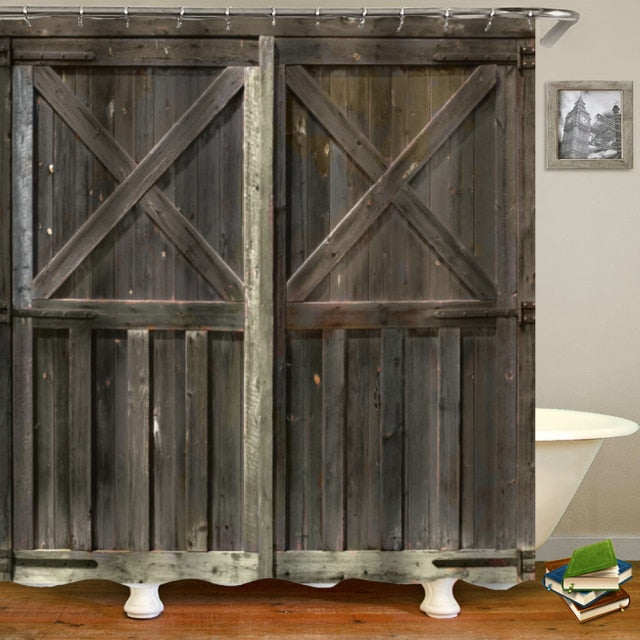 Retro Rustic Barn Wood Door Western Country Scenic Picture Print Mildew-Proof Shower Curtain & Hooks Set