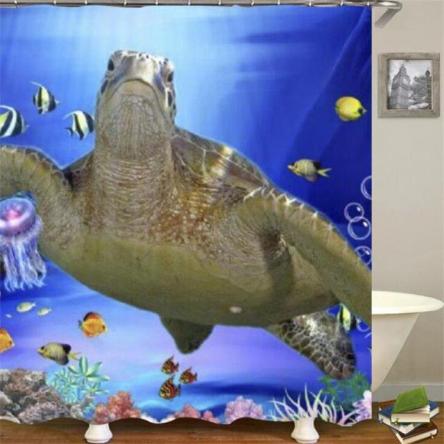 Cat or Turtle Shower Curtain with Hooks Waterproof