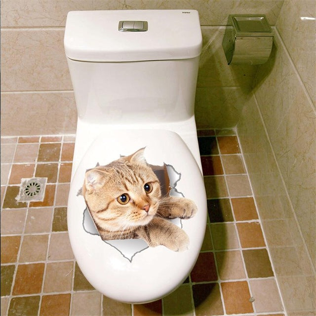 3D Cat in the Hole Wall Sticker Bathroom Toilet Decorations