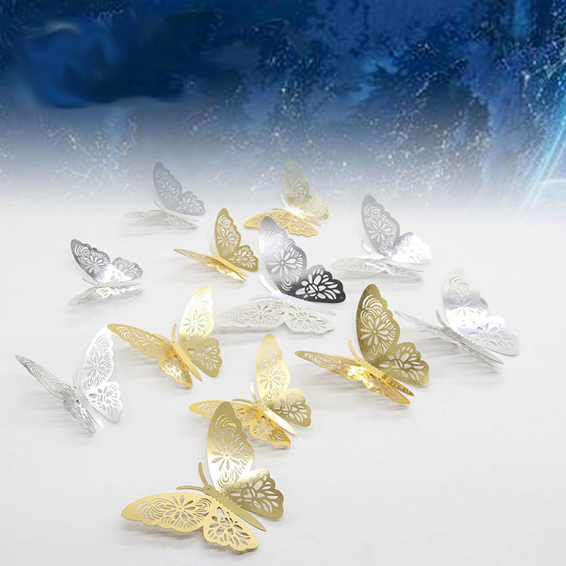 12pcs Gold/Silver 3D Hollow Butterfly Wall Sticker for Home Decor Wedding Decor Fridge stickers